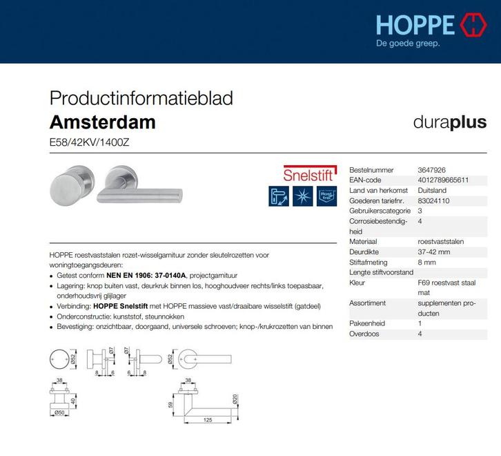 HOPPE deurklink - rozet-wisselgarnituur voordeur - Eeklo, Doe-het-zelf en Bouw, Hang- en Sluitwerk, Nieuw, Klink of Kruk, Ophalen of Verzenden