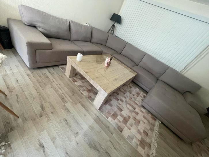 Hoeksalon met longchair met rugleuning lichtbruin-grijs, Huis en Inrichting, Zetels | Complete zithoeken, Gebruikt, Stof, Ophalen