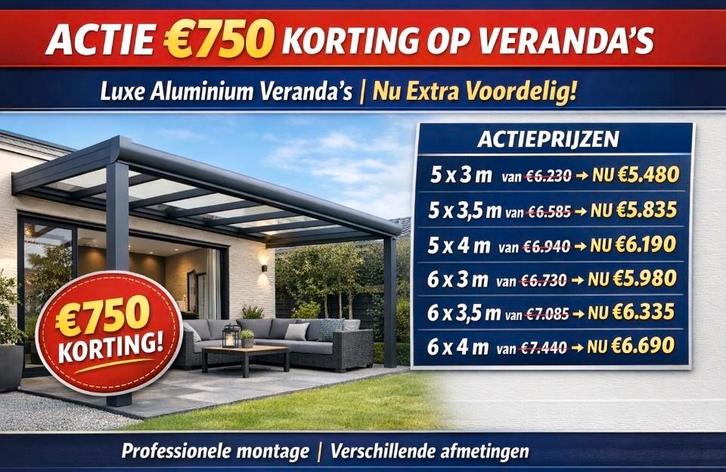 ACTIE, ACTIE  VERANDA, OVERKAPPING, GLAZENSCHUIFWANDEN, Tuin en Terras, Overkappingen, Veranda, Ophalen of Verzenden