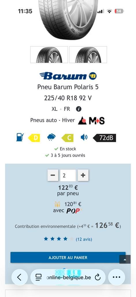 Vends 4 pneus hiver Barum Polaris 5 225/40 R18 92 V XL, Auto-onderdelen, Banden en Velgen, Band(en), Winterbanden, Ophalen