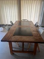 Massieve teak eettafel met natuurstenen blad – 220 x 110 cm, Ophalen, Gebruikt, 100 tot 150 cm, Klassiek
