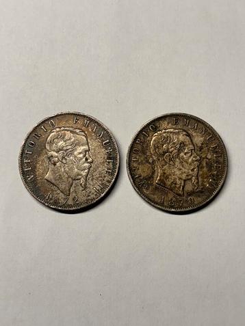 2x Italiaanse zilvere (0.900) 5 lire munten - 1872/1870 beschikbaar voor biedingen