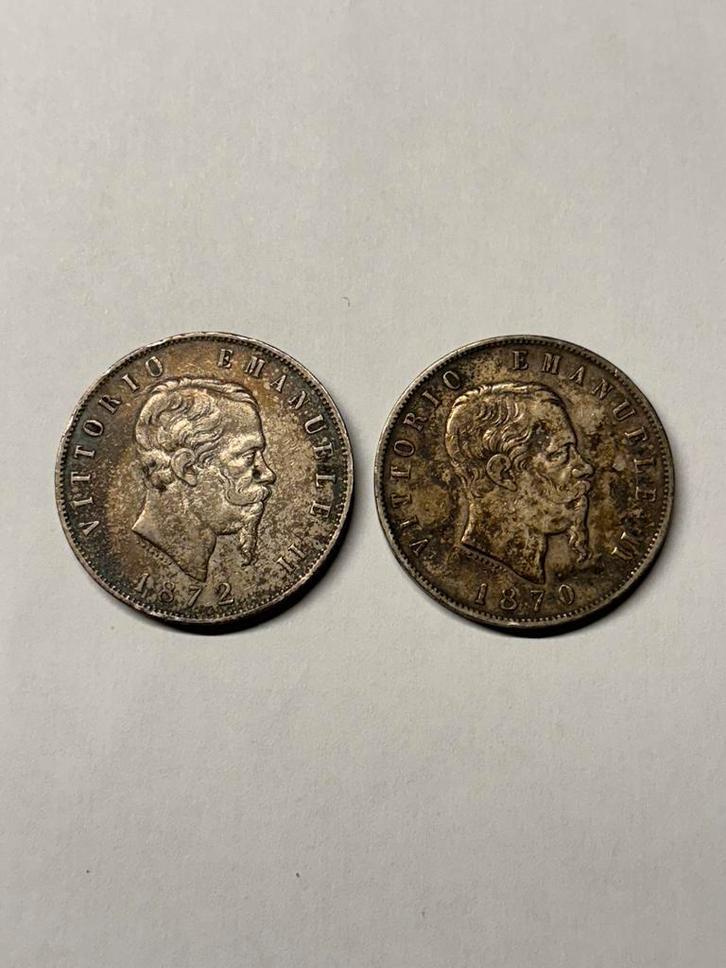 2x Italiaanse zilvere (0.900) 5 lire munten - 1872/1870, Postzegels en Munten, Munten en Bankbiljetten | Verzamelingen, Munten