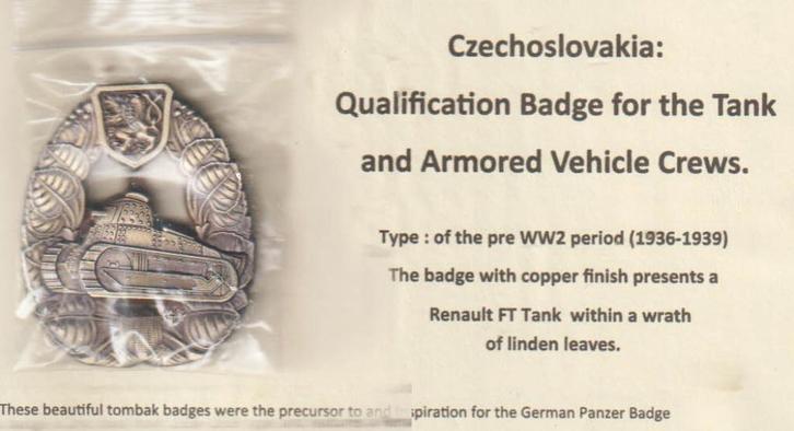 Tankbadge Bemanning Tsjechoslowakije WW2, Verzamelen, Militaria | Tweede Wereldoorlog, Landmacht, Embleem of Badge, Verzenden