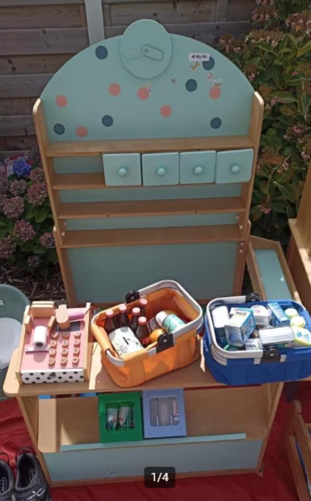 Houten winkeltje incl. heel wat benodigdheden, Kinderen en Baby's, Speelgoed | Educatief en Creatief, Gebruikt, Ontdekken, Ophalen