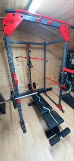 Powerrack met bench en gewichten, Sport en Fitness, Ophalen, Zo goed als nieuw