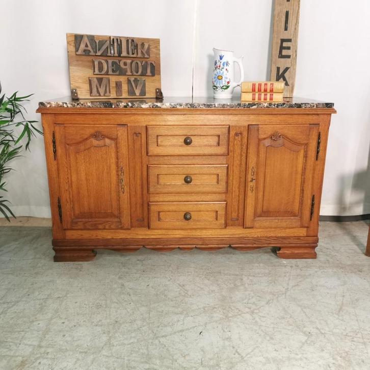 Buffet ancien en chêne français avec plateau en granit épais, Antiquités & Art, Curiosités & Brocante, Enlèvement