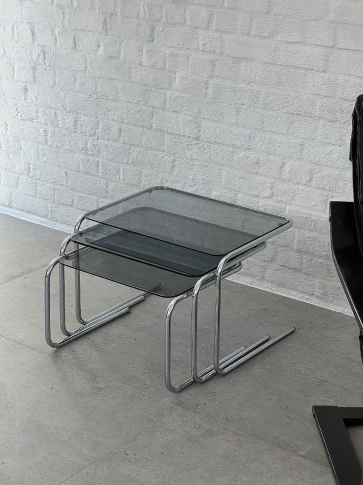 3 vintage chromen nesting-/bijzettafels, Huis en Inrichting, Tafels | Bijzettafels, Gebruikt, Rechthoekig, Minder dan 45 cm, Minder dan 55 cm