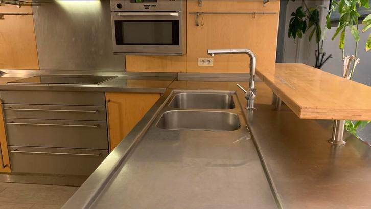 Inox werkblad met 2 wasbakken, onderkasten & tablet en, Huis en Inrichting, Keuken | Keukenelementen, Gebruikt, 150 tot 200 cm