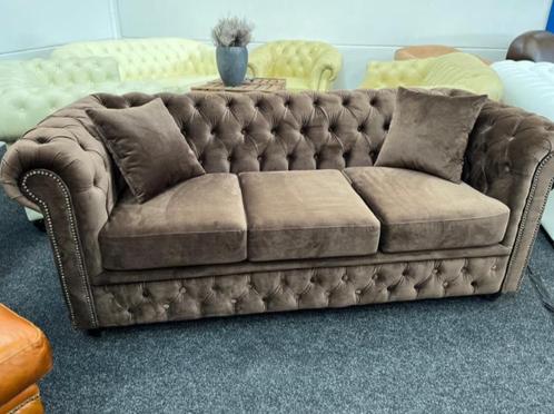 Chesterfield Brighton 3 Zits Bank Fluweel Bruin, Antiek en Kunst, Antiek | Meubels | Stoelen en Sofa's, Ophalen