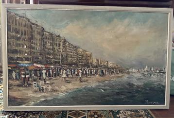 schilderij - olie op doek- het strand op een drukke zomerdag beschikbaar voor biedingen