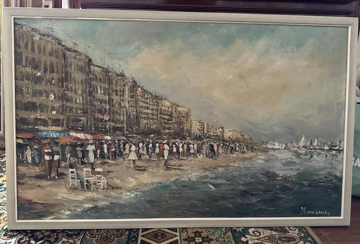 schilderij - olie op doek- het strand op een drukke zomerdag, Antiek en Kunst, Kunst | Schilderijen | Klassiek, Ophalen