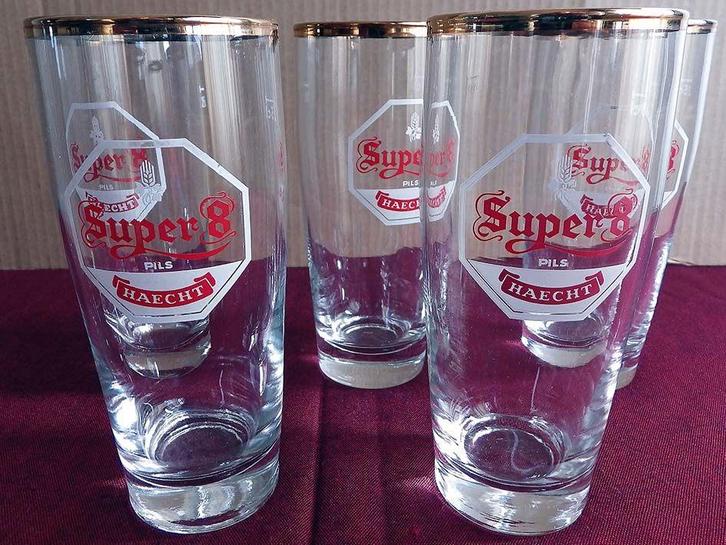 Set van 5 ‘Super 8’ Haecht Bierglazen, Verzamelen, Glas en Drinkglazen, Zo goed als nieuw, Bierglas, Ophalen