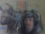 pastel Nino Giuffrida Homme barbu à côté d'une tête de taure, Antiquités & Art, Enlèvement ou Envoi