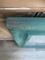 Oude charmante verweerde brocante spiegel turquoise blauw, Ophalen, Gebruikt, Minder dan 100 cm, Rechthoekig