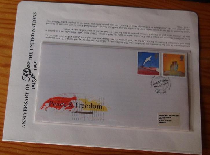 Brits poststuk 50 jaar VN 1945 - 1995, Postzegels en Munten, Postzegels | Europa | UK, Gestempeld, Ophalen of Verzenden