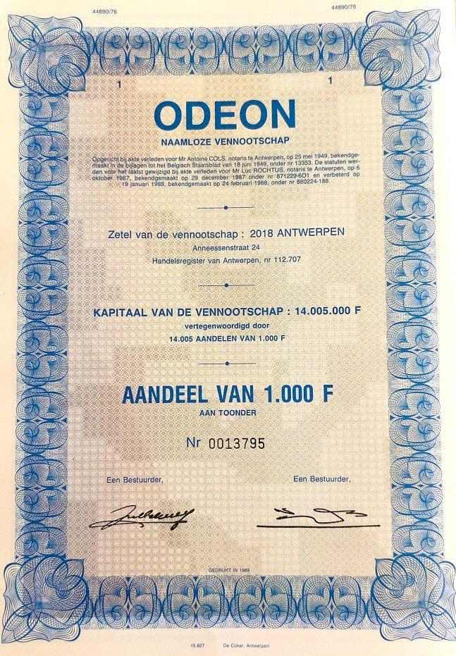 Odeon (Rex concern Antwerpen) 1988, Postzegels en Munten, Aandelen en Waardepapieren, Aandeel, 1970 tot heden, Ophalen of Verzenden