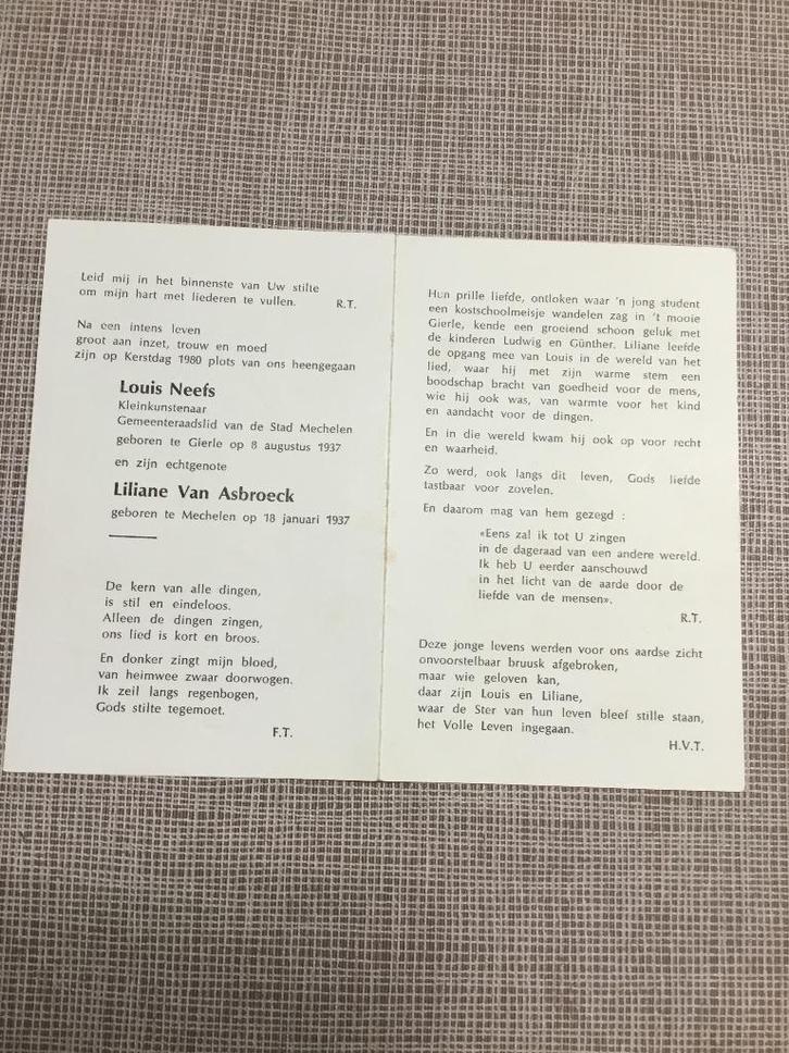 Zanger Louis Neefs deelnemer Eurosong 1959 verongelukt 1980, Verzamelen, Bidprentjes en Rouwkaarten, Bidprentje, Verzenden