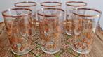 6 Verres en cristal vintage, décors feuillus cuivrés, France, Ophalen of Verzenden