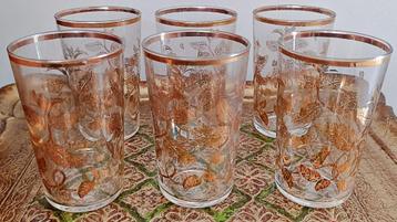 6 Verres en cristal vintage, décors feuillus cuivrés, France beschikbaar voor biedingen