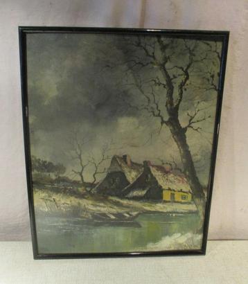 Mooi Geschilderd Werk 'Hoeve en rivier in Winter' - 51x41 beschikbaar voor biedingen