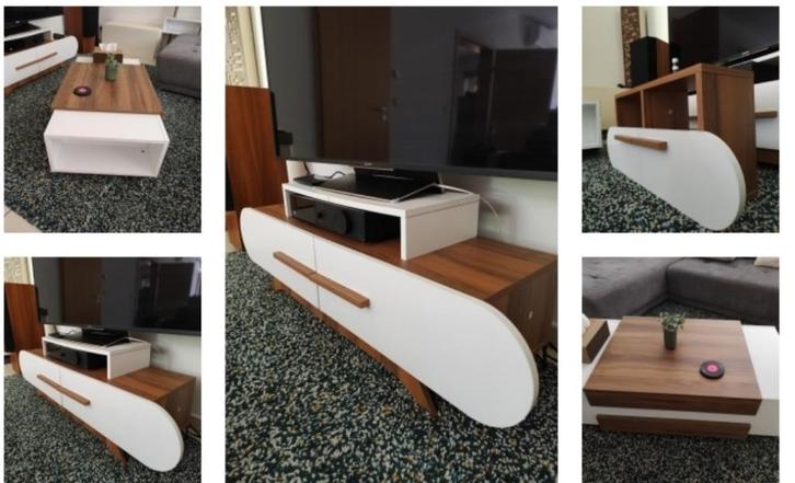 Tv-meubel+eigentijdse salontafel in wit/notenhout + wielen, Huis en Inrichting, Tafels | Salontafels, Gebruikt, Overige materialen