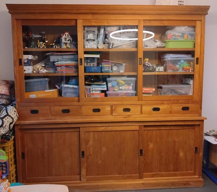 Vitrine kast Teak, Huis en Inrichting, Kasten | Vitrinekasten, Zo goed als nieuw, 200 cm of meer, 200 cm of meer, 25 tot 50 cm