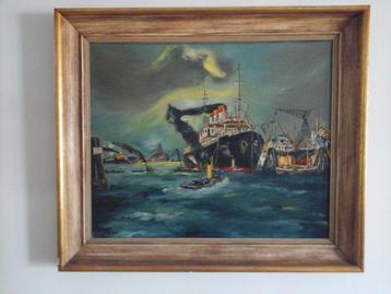 MOOI OUD MARITIEM OLIE VERF SCHILDERIJ OP DOEK " HAVENZICHT" disponible aux enchères