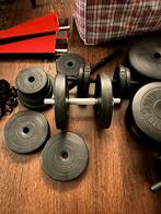 2 chrome dumbell stangen + dumbelschijven gorilla sports, Sport en Fitness, Ophalen, Zo goed als nieuw
