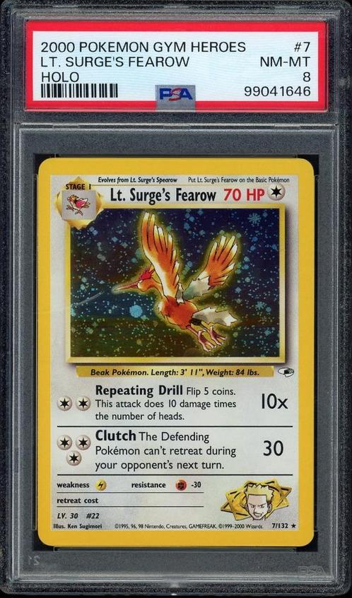 Lt. Surge's Fearow Holo PSA 8 - 7/132 - Gym Heroes 2000, Hobby en Vrije tijd, Verzamelkaartspellen | Pokémon, Zo goed als nieuw