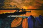 Sunset landscape painting signed joky kamo, Antiquités & Art, Art | Peinture | Moderne, Enlèvement