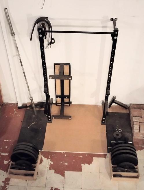 Powerrack + halter + gewichten, Sport en Fitness, Fitnessapparatuur, Zo goed als nieuw, Krachtstation, Armen, Benen, Borst, Buik