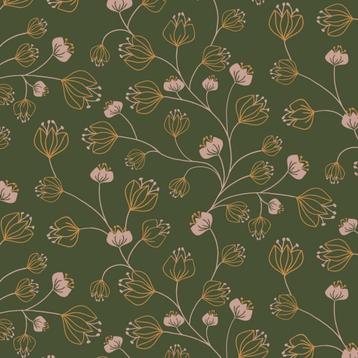 Jersey stof flowers, forest green. beschikbaar voor biedingen