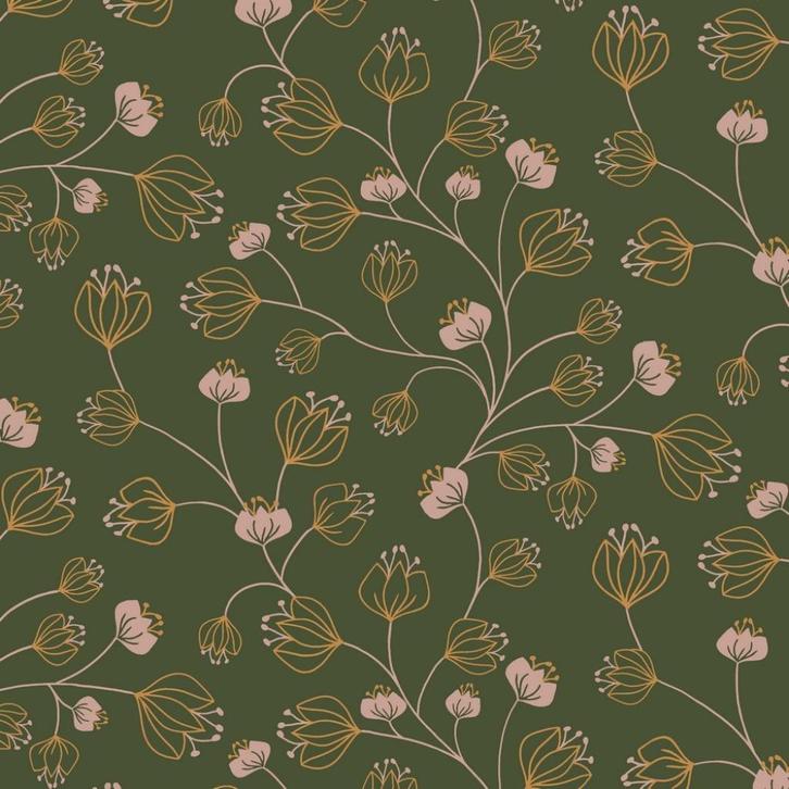Jersey stof flowers, forest green., Hobby en Vrije tijd, Stoffen en Lappen, Nieuw, Katoen, 120 cm of meer, 200 cm of meer, Ophalen of Verzenden