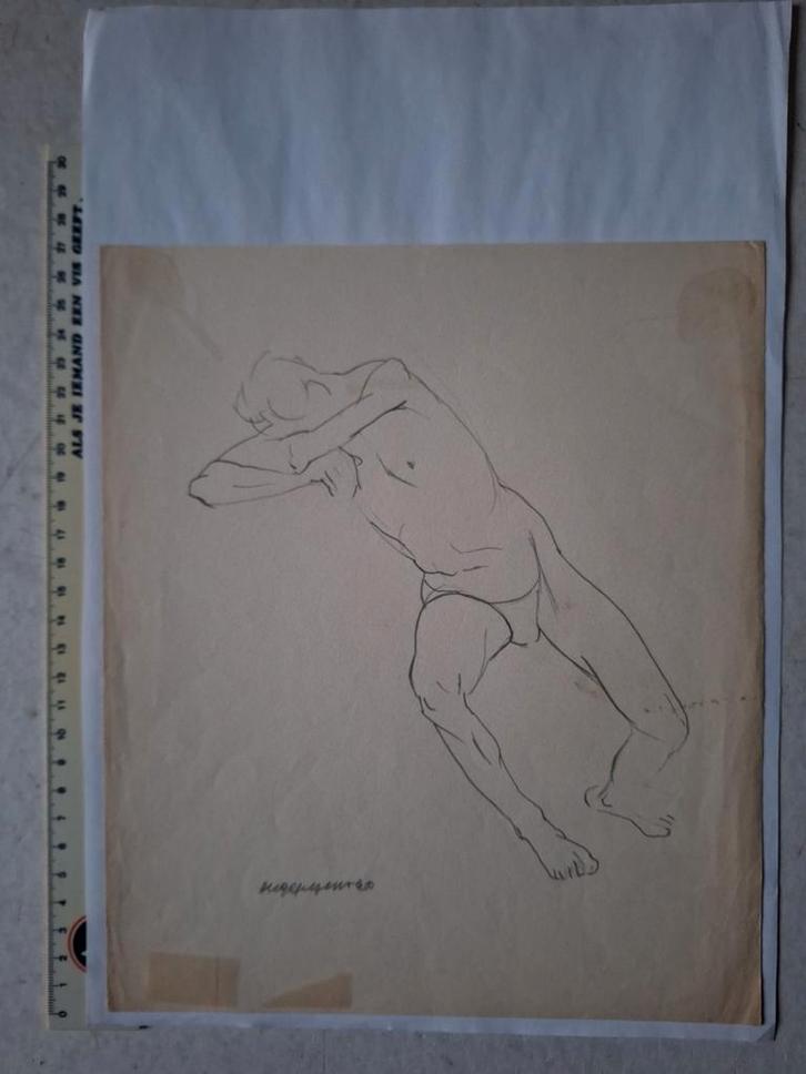 Tekening van Hugo Heyens "Naakte man" uit 1960, Antiek en Kunst, Kunst | Tekeningen en Fotografie, Ophalen of Verzenden