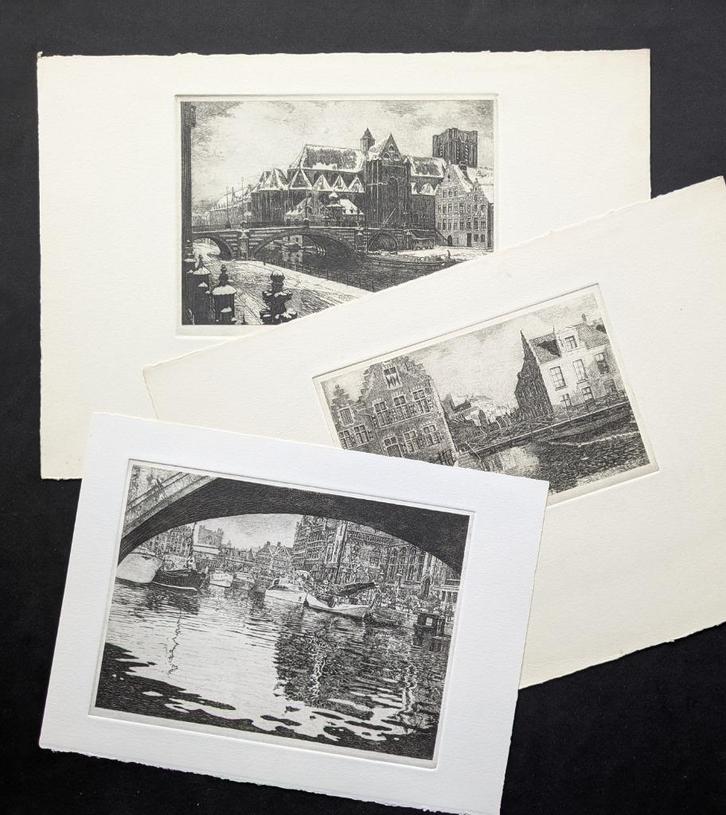 LOT van 3 etsen Gent - anoniem, Antiek en Kunst, Kunst | Etsen en Gravures, Ophalen of Verzenden