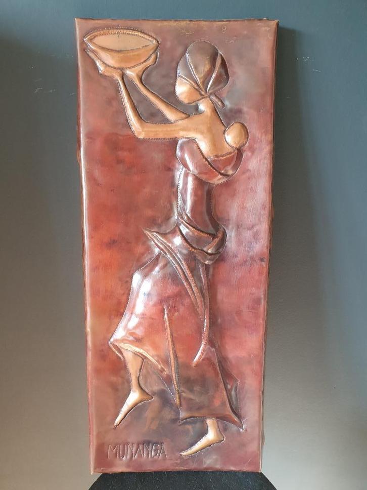 Vintage | Koper | Afrikaanse vrouw met kind | '70 | Muurkuns, Antiek en Kunst, Kunst | Beelden en Houtsnijwerken, Ophalen of Verzenden