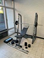 Compleet krachtstation: squat rack + bank + gewichten – €600, Sport en Fitness, Ophalen, Gebruikt, Halterset