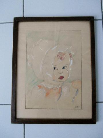 F. Hermans " Baby met hoofddeksel "gekleurde potloodtekening beschikbaar voor biedingen