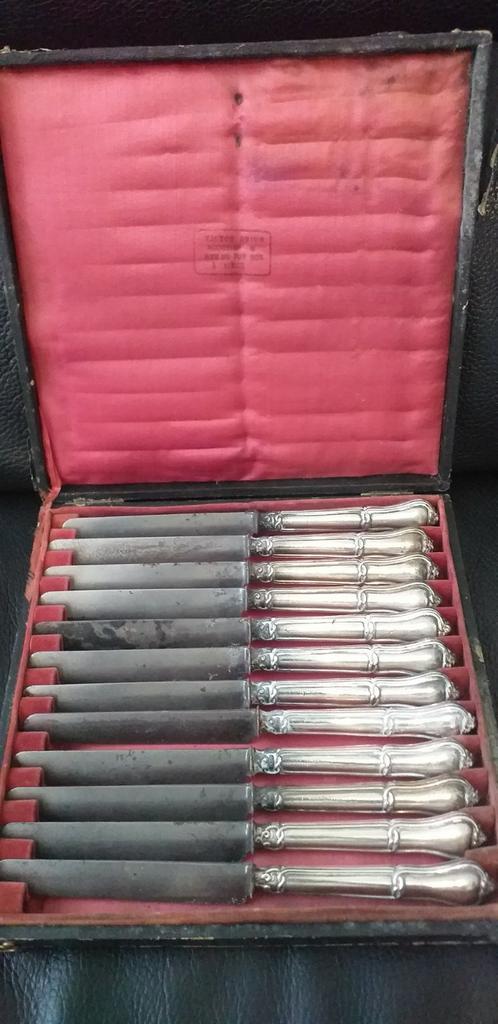 Complete Set Antieke 12 Messen "Zilver handvat Minerve", Antiek en Kunst, Antiek | Bestek, Ophalen of Verzenden