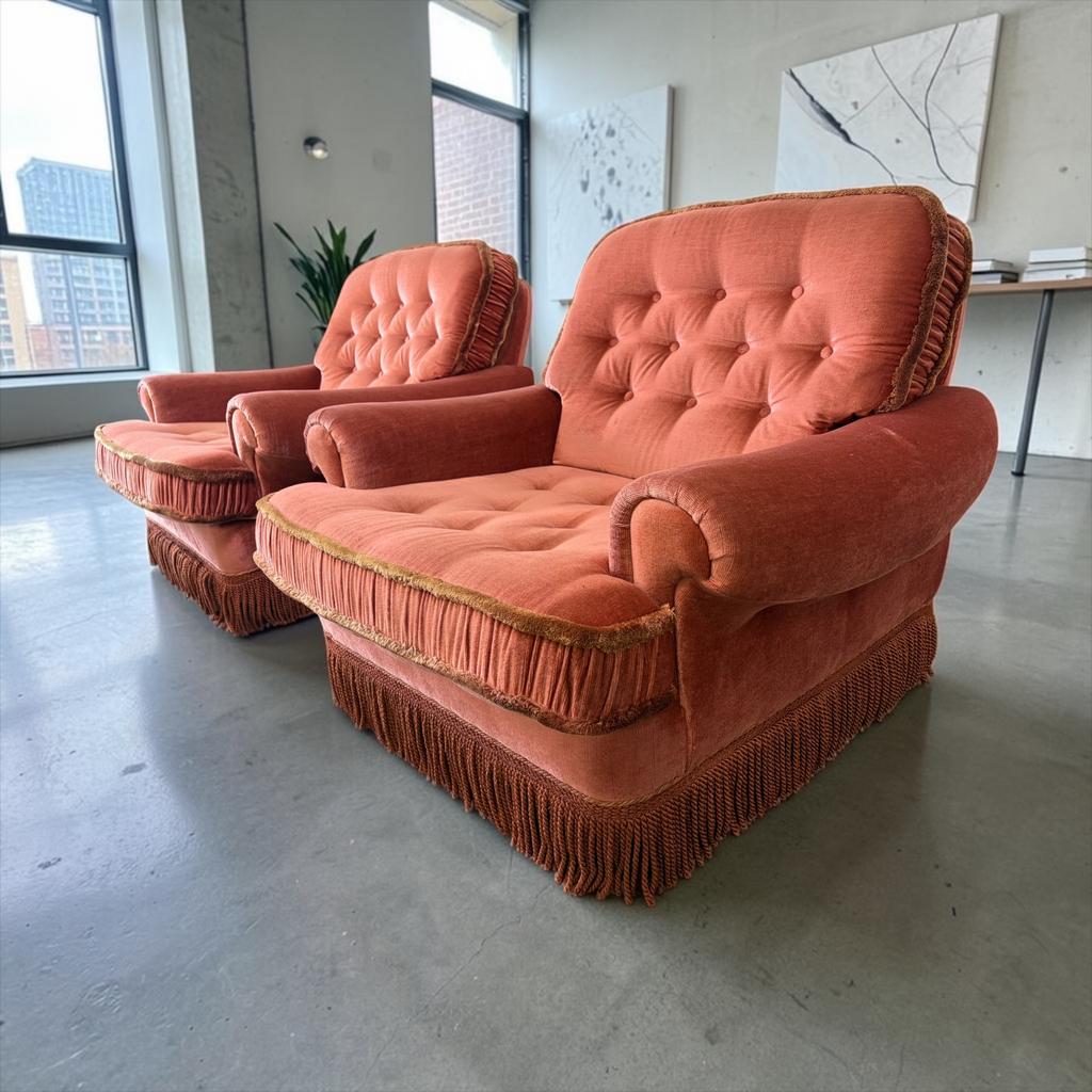 Set van 2 vintage oudroze fauteuils / zetels met franjes, Ophalen