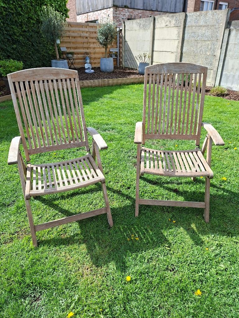 2 verstelbare teakhouten hoge stoelen,met kussens., Ophalen, Gebruikt, Teakhout