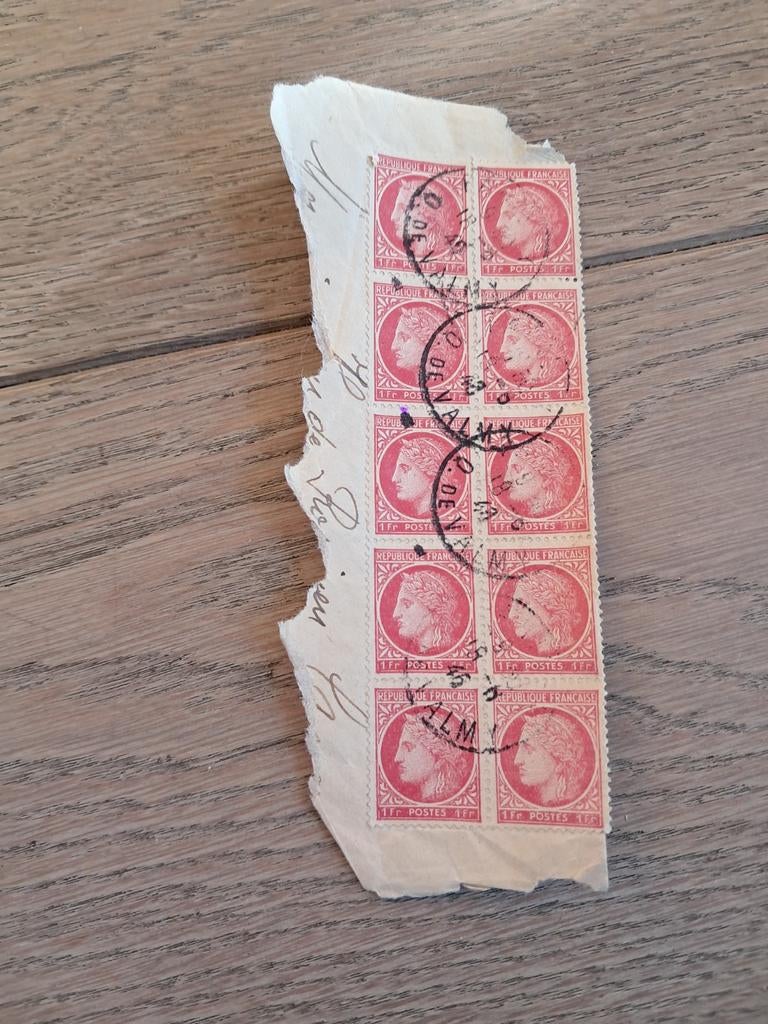 Feuille de 10 anciens timbres français timbrés de 1 Ffr., Enlèvement ou Envoi