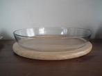 Grand plat ovale en verre, avec plateau en bois (L 34,5 cm), Comme neuf, Verre, Autres types, Autres styles