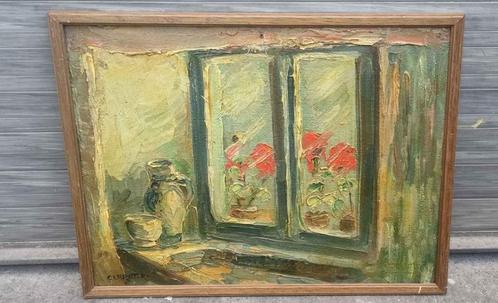 Huile sur panneau fenêtre fleurie signe René clarot, Antiquités & Art, Art | Peinture | Classique, Enlèvement ou Envoi
