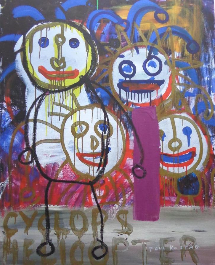 PAUL KOSTABI / FIGUURTJES / KLEURGICLEE DOEK / 74x81cm / SIG, Antiek en Kunst, Kunst | Litho's en Zeefdrukken, Ophalen of Verzenden