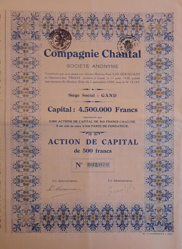 Compagnie Chantal - Gand - action de capital - 1928, Postzegels en Munten, Aandelen en Waardepapieren, Aandeel, 1920 tot 1950