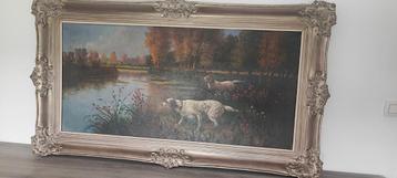 Zeer groot olie schilderij op doek honden aan de waterkant  beschikbaar voor biedingen