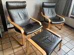 2 fauteuils type IKEA + 1 repose pieds en cuir brun foncé., Maison & Meubles, Fauteuils, Utilisé, Cuir