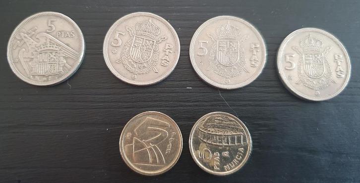 6x5 pesetas van Spanje 1957-1975-1982-1983-1998-1999, Postzegels en Munten, Munten | Europa | Niet-Euromunten, Setje, Ophalen of Verzenden